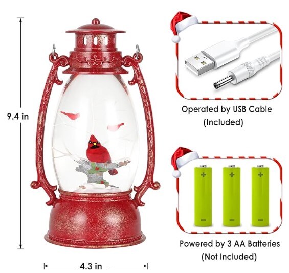 Cardinal Christmas Snow Globes, Swirling Glitter Hanging Snow Globe for Gift and Home Decor, 6H Timer Lighted Christmas Lantern with Music