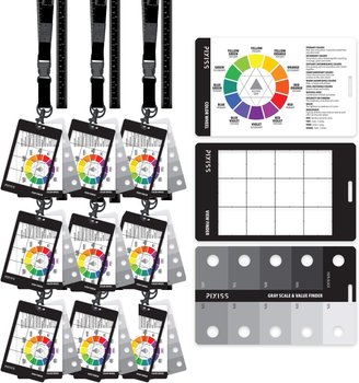 Pixiss Photography Cards and Measuring Lanyard (9 Pack) - Gray Scale Value Finder, Color Wheel, and Scene Composition Flash Cards with Measuring Tape Lanyard