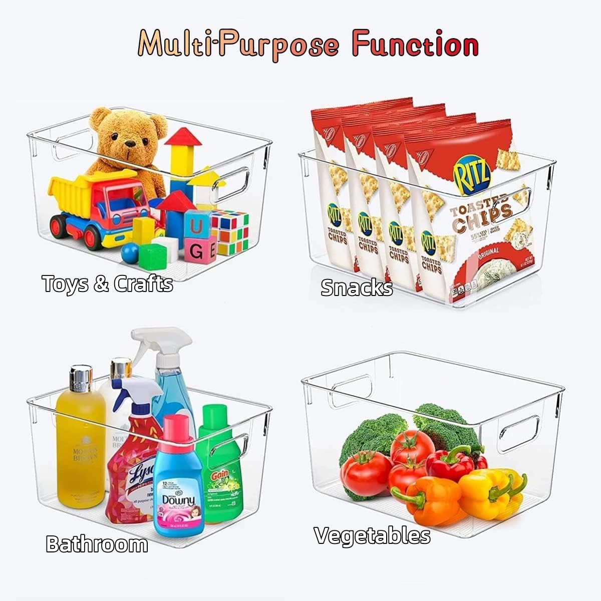 8 Pack Clear Plastic Storage Bins, 4 Large and 4 Small Refrigerator Organizer Bins with Handles, Pantry Organization and Storage for Kitchen,Fridge, Freezer,Home Edit and Cabinet