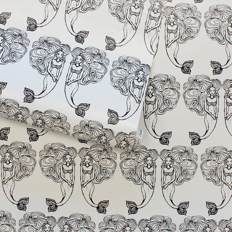 Tempaper Block Print Mermaids Peel and Stick Wallpaper White/Onyx Black