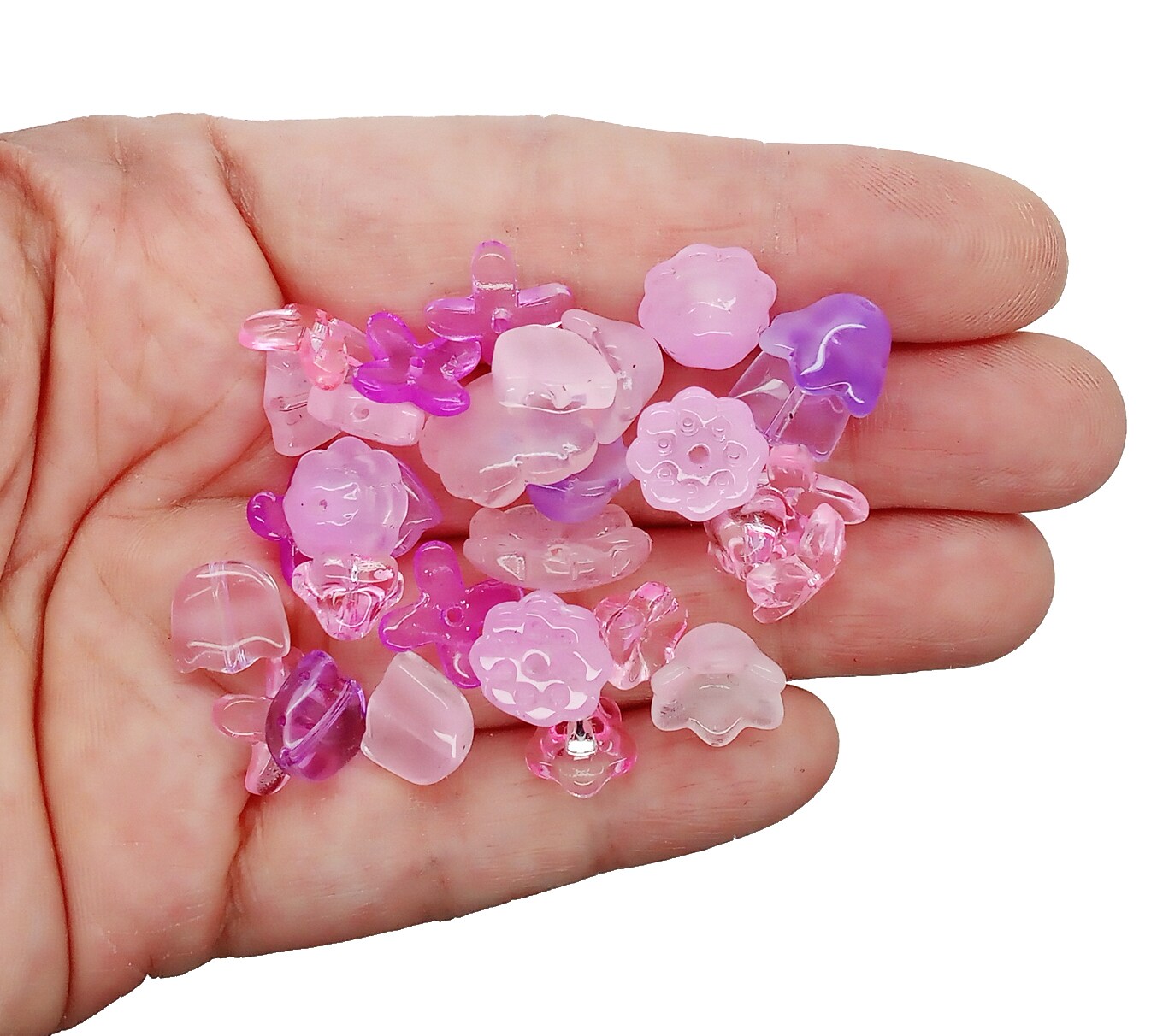 Small Flower Beads Mix, 30 pcs, Pink and Purple Glass, Assorted Styles, Adorabilities