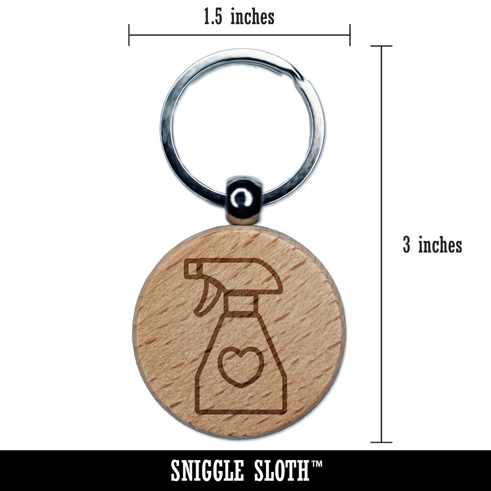 Spray Bottle with Heart Engraved Wood Round Keychain Tag Charm