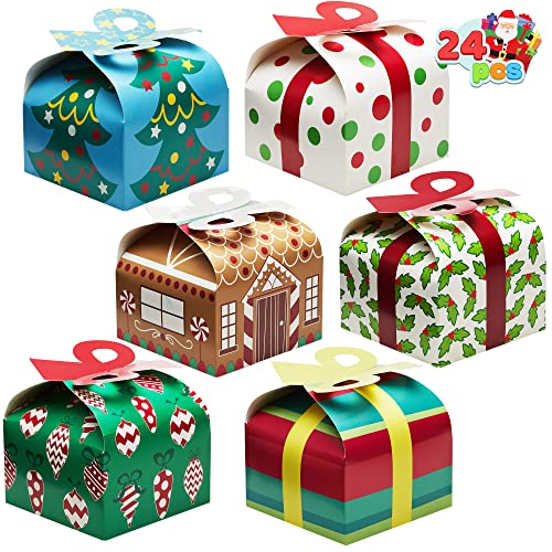 JOYIN 24 PCS 3D Christmas Goody Gift Boxes with Bow for Holiday Xmas Goodie Paper Boxes, School Classroom Party Favor Supplies, Candy Treat Cardboard Cookie Boxes