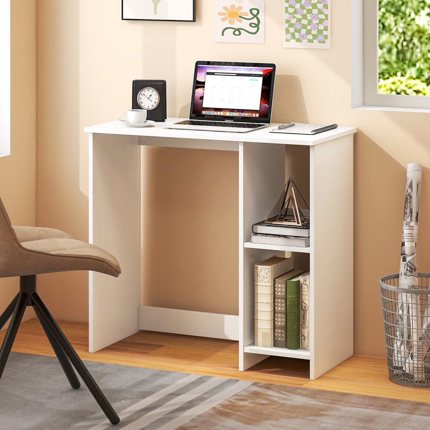 Minimalist 31.5" Writing Desk with Storage White Compact Workstation for Small Rooms