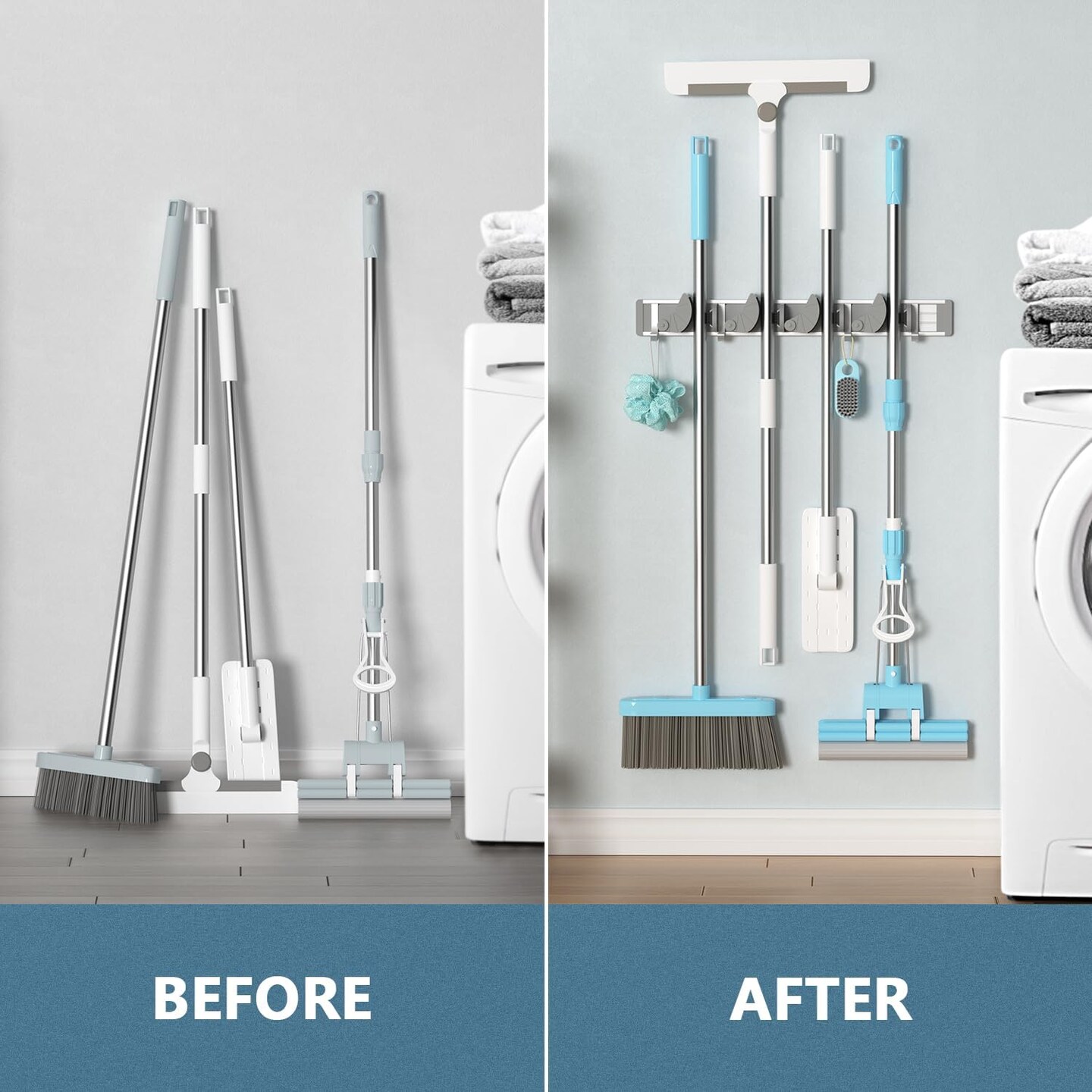 Mop & Broom Holder Wall Mount Metal Pantry Organization and Storage Garden Kitchen Tool Organizer Wall Hanger for Home Goods (4 Positions with 4 Hooks, Silver)