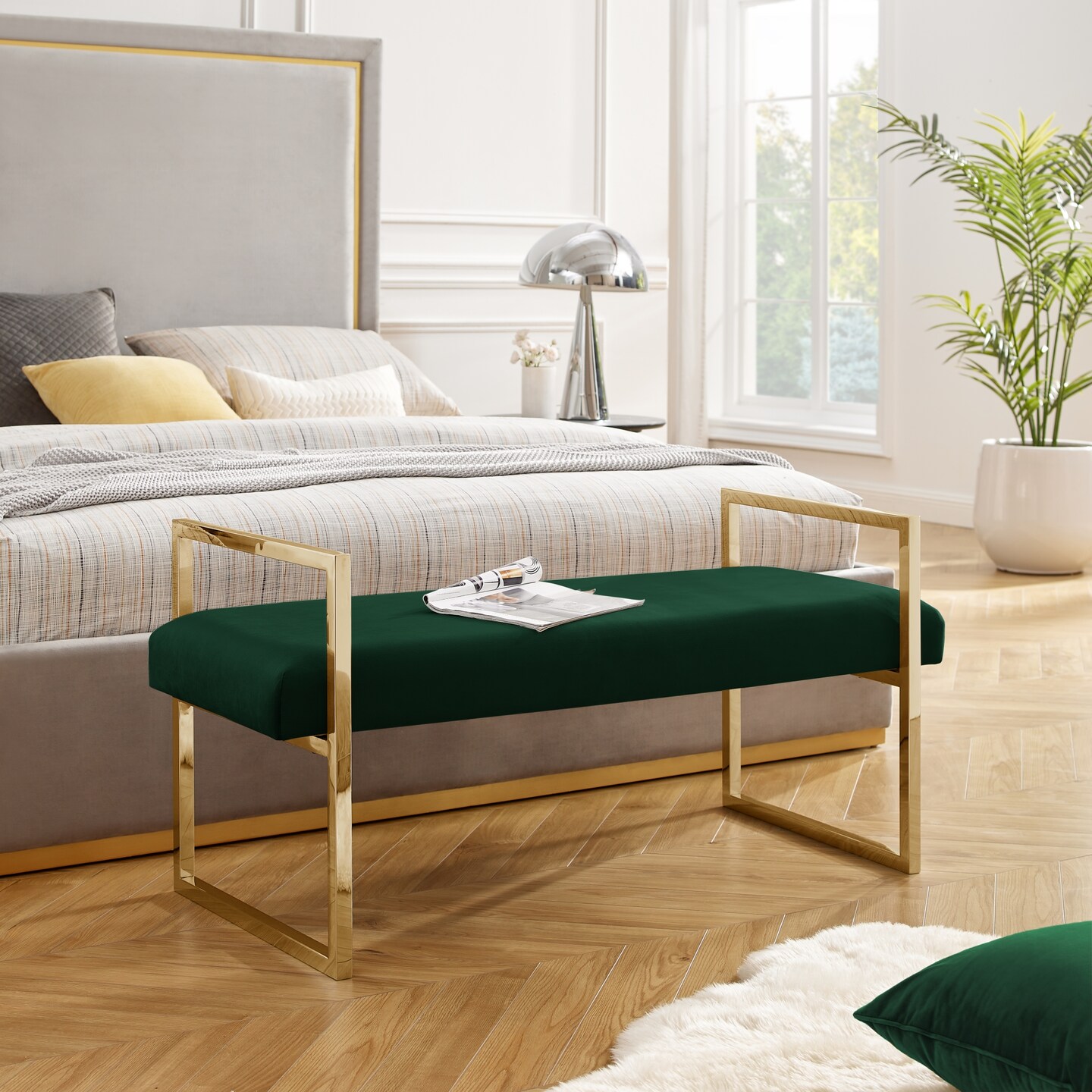 Maja Velvet/PU Leather Bench With Chrome/Gold Base