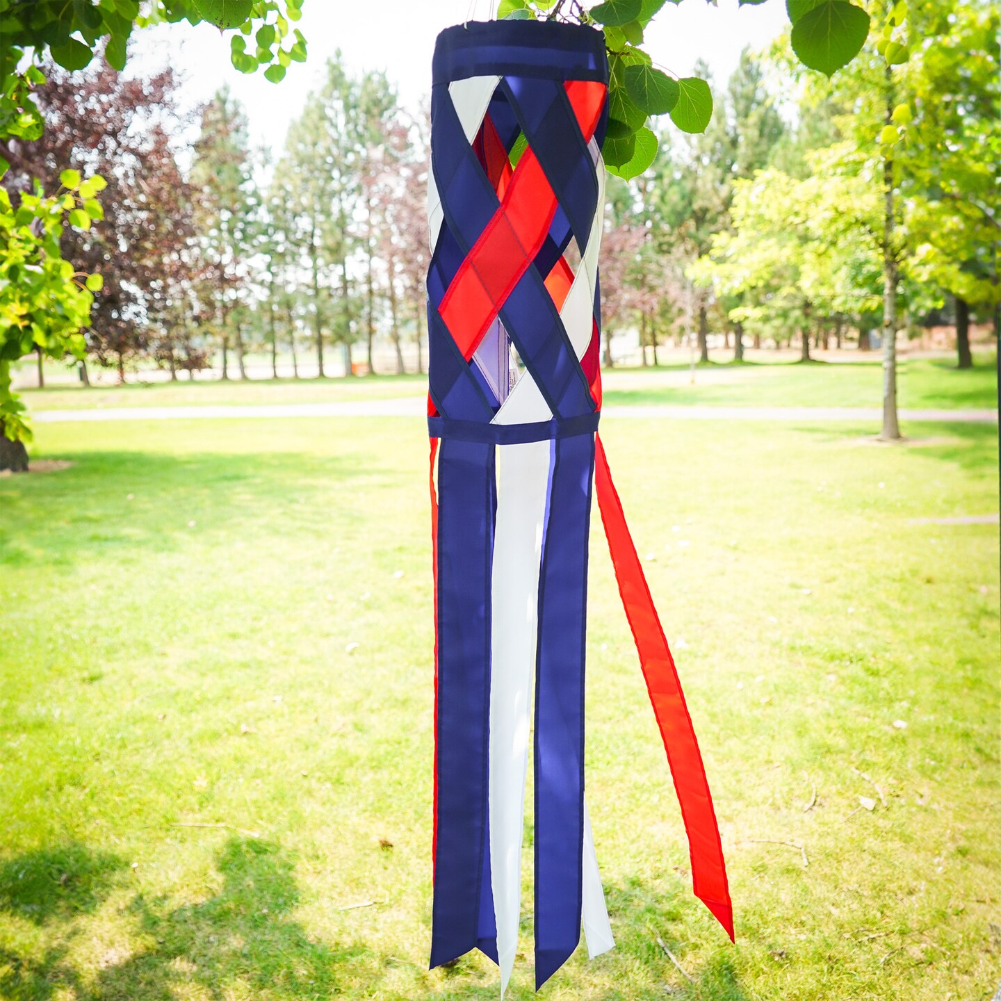 In the Breeze 5217 &#x2014; Red, White &#x26; Blue Diagonal Weave 40&#x22; Windsock &#x2014; Patriotic Lattice Windsock with Color-Coordinated Tails, Fourth of July Decoration