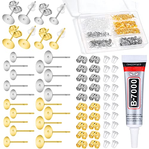 600 pieces Jewelry Glue with Earring Posts for Jewelry Making, Stainless Steel Earring Posts and Backs Silver and Gold Earring Posts with Rubber Earring Backs for Earring Making Supplies