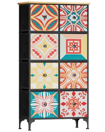 Eight-drawer dresser for the bedroom, tall closet storage tower, living room chest of drawers with a sturdy steel frame, fabric bins, wooden top, and bohemian colorful