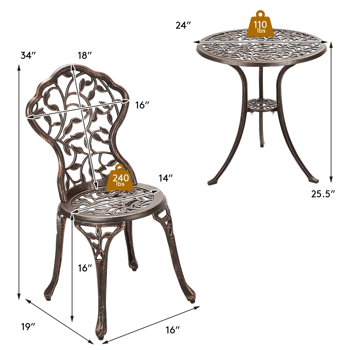 3 Piece Patio Bistro Set Cast Aluminum Outdoor Table and Chairs
