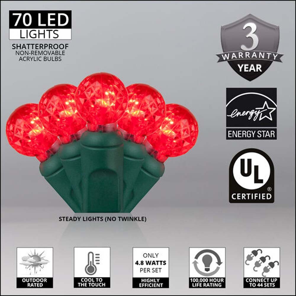 70 Red G12 LED String Lights, Green Wire, 4&#x22; Spacing