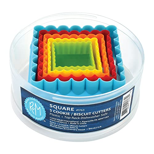 R&#x26;M International Square Cookie and Biscuit Cutters, Assorted Sizes, Bright Colors, 5-Piece Set