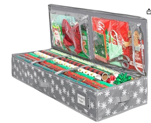 Wrapping Paper Storage Bin - Holds up to 27 Rolls 1 3/8" Diam. - Gift Wrap Organiser Bags, Wrapping Paper Rolls, Ribbon, and Bows for Underbed - Under the Bed- 600D Durable Material - Rolls Up to 40"