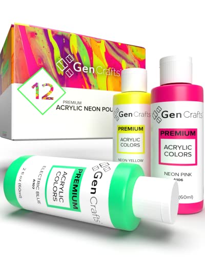 Neon Acrylic Pouring Paint 12 Colors - Pre-Mixed High Flow Ready to Pour - 2 oz./59 ml Bottles - Multi-Purpose Paints for Canvas, Paper, Rocks, Wood