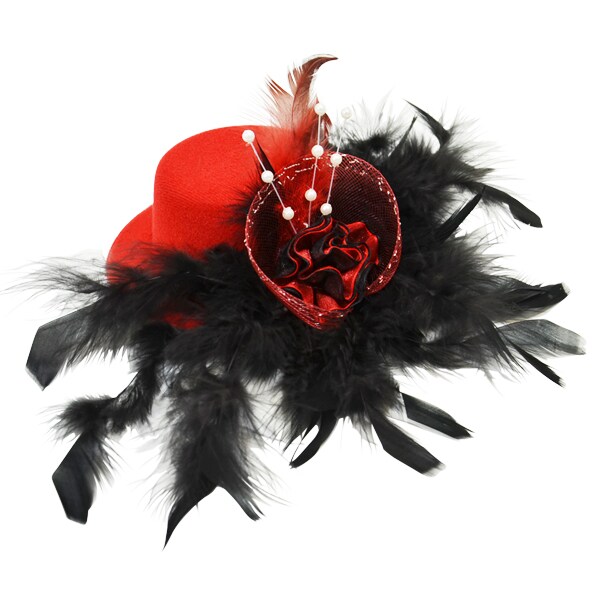 Ivette Red Mini Hat Fascinator with Black Feathers Hair Accessory