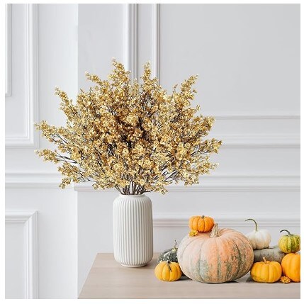15 Artificial Baby&#x27;s Breath Flowers Real Touch Fake Silk Flowers for Home Wedding DIY Floral Arrangement Kitchen Table Centrepiece Gypsophila Bouquets Bulk Gold Christmas Decoration