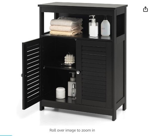Bathroom Storage Cabinet, Wooden Side Storage Organizer with Louver Doors and Removable Shelf, Freestanding Floor Cabinet for Living Room, Kitchen, and Entryway (Black)