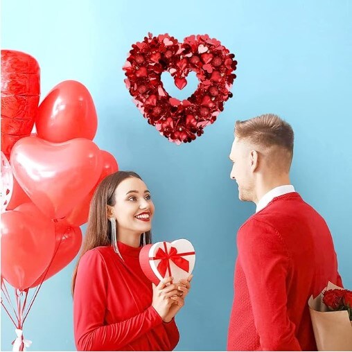 14&#x22; Heart Shaped Front Door Wreath Valentines Door Wreath with LED Lights for Indoor Outdoor Home Wedding Party Decorations