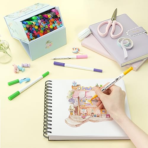 Markers for Adult Coloring Books: 100 Colors Coloring Markers Dual Tips Fine & Brush Pens Water-Based Art Markers for Kids Adults Drawing Sketching Bullet Journal Non-bleeding - Maui - White