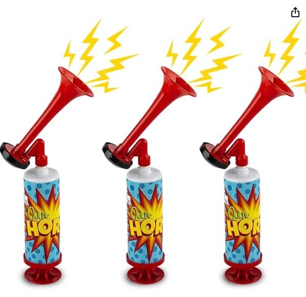 Mini Air Horn Pump, Set of 3, 10&#x22; Noisemakers for Sporting Events, Parties, and Celebrations, as well as Fun Birthday Party Favors and Goodie Bag Fillers for Kids and Adults