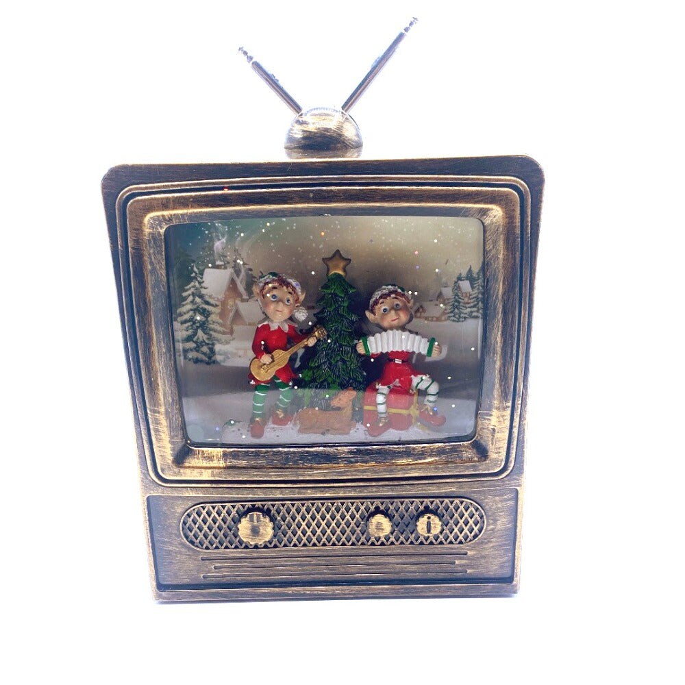 Snow Globe Elf Inside Mini Retro TV 9.5&#x22;H