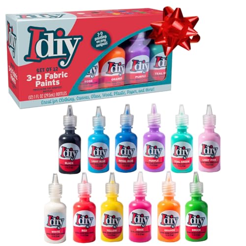 DIY Fabric Paints, Set of 12 Colors, (1oz bottles) Ultra Bright 3D Fabric Paint, Non-Toxic Water-Based and Permanent - Great Craft, Gift, Project - Decorate on Any Surface!