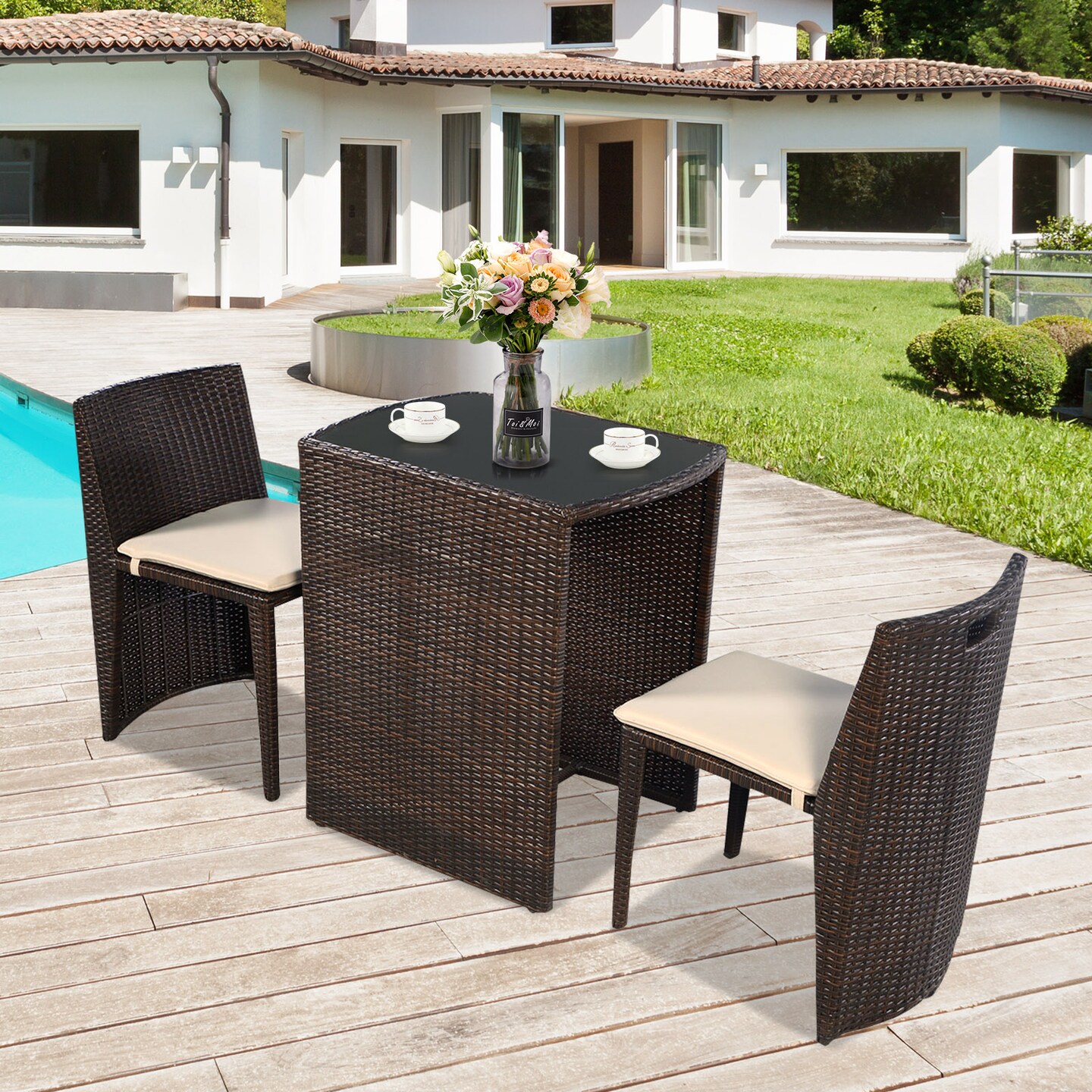Costway 3 PCS Cushioned Outdoor Wicker Patio Set Garden Lawn Sofa