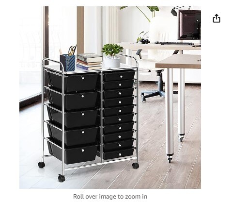 Rolling Storage Cart with 15 Drawers, Multipurpose Mobile Storage Organizer with Removable Drawers and Metal Frame, Utility Tools Home and Office Paper Organizer on Wheels (Black)
