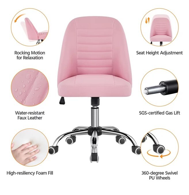 Pink Modern Armless Desk Chair with Tufted Faux Leather for Home Office