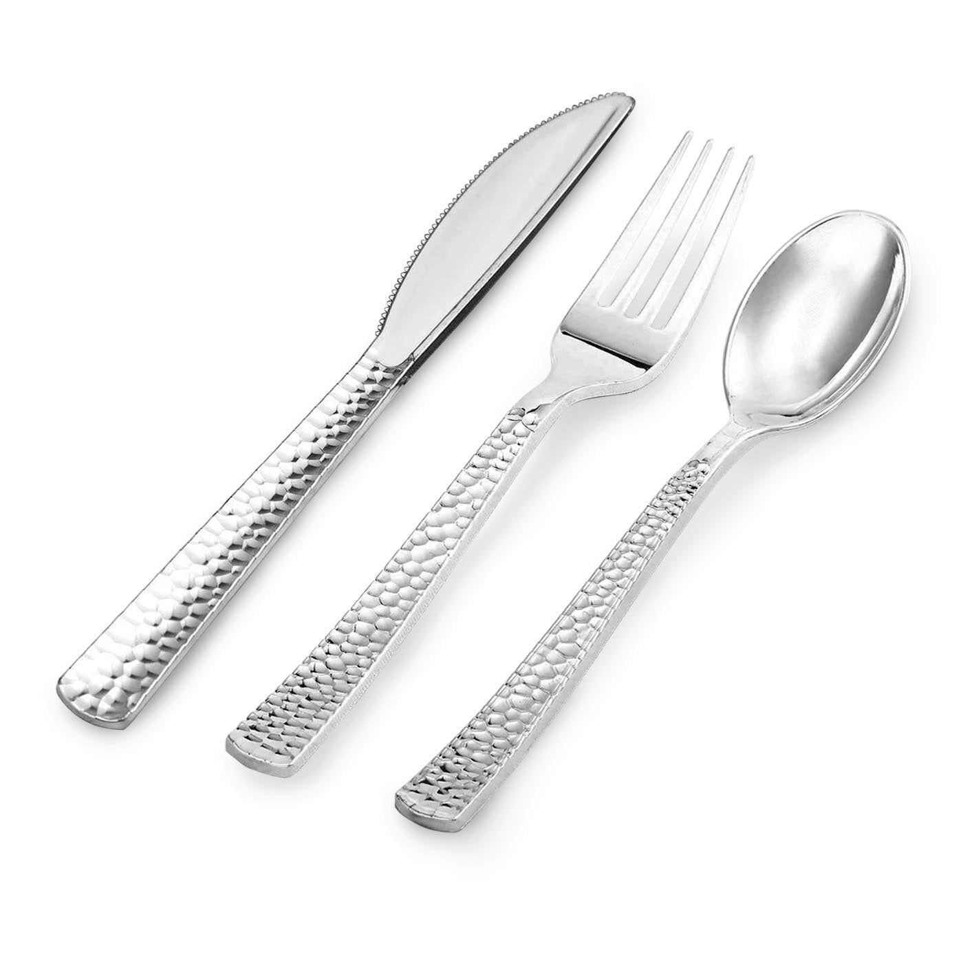 Shiny Metallic Silver Hammered Plastic Cutlery Set (1000 Guests)