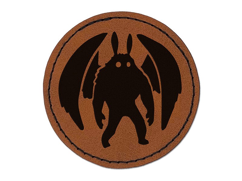 Mothman Cryptozoology Monster Round Iron-On Engraved Faux Leather Patch Applique - 2.5&#x22;