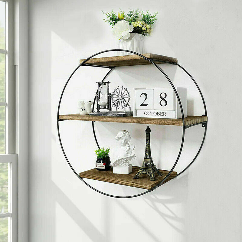 Circle Rustic Decor Floating Wall Shelves Metal Storage Rack.