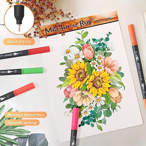 Duo Tip Brush Coloring Pens,60 Colors Art Markers,Fine &#x26; Brush Tip Pen for Adults Coloring Book Journals Planner Writing Drawing Note Taking, Include Brush Lettering Calligraphy