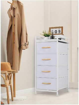 White Nightstand with Rolling Casters for Closet, Entryway, Hallway, Nursery Room, Small Storage Dresser for Bedroom 4 Drawer Chest Storage Tower Organiser Unit
