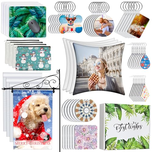 114Pcs Sublimation Blanks Products, Sublimation Blanks Set Including DIY  Blank Makeup Bag, Keychain, Earring, Pillow Cover, Mouse Pad, Coaster,  Garden Flag for Sublimation Transfer Mother's Day Gifts