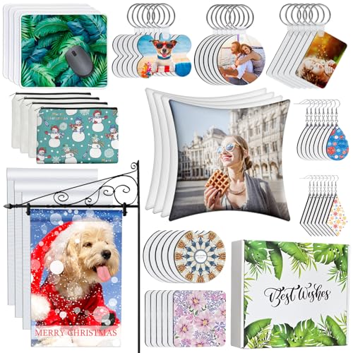 114pcs Sublimation Blanks Products, Sublimation Blanks Set Including DIY Blank Makeup Bag, Keychain, Earring, Pillow Cover, Mouse Pad, Coaster, Garden