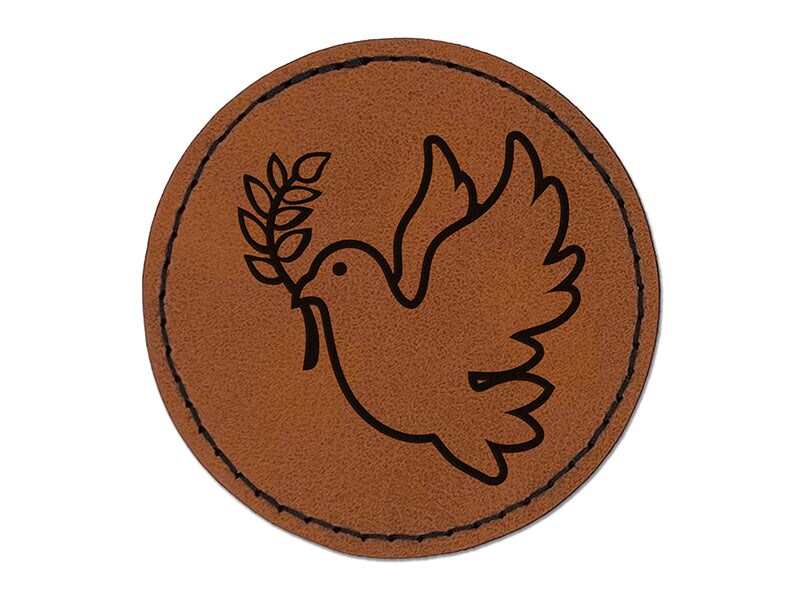 Peace Dove with Olive Branch Round Iron-On Engraved Faux Leather Patch Applique - 2.5&#x22;