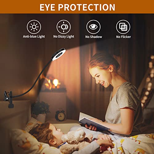 Desk Lamp, [3 Color Modes &#x26; 10 Brightness] LED Reading Light with Clamp, Flexible Gooseneck Book Light for Kids Reading Book in Bed at Night Clip on Table, Headboard, Dorm - 15.8&#x2018;&#x2019; Black