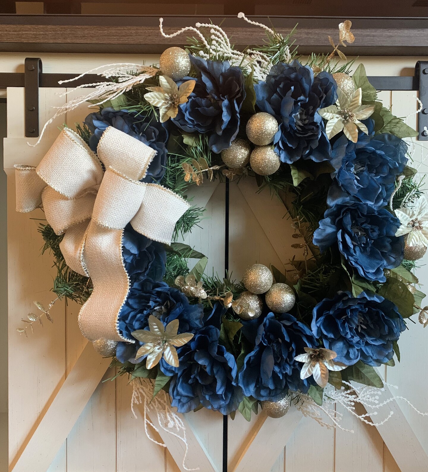 Country high quality farmhouse style Christmas wreath. blue gold and white