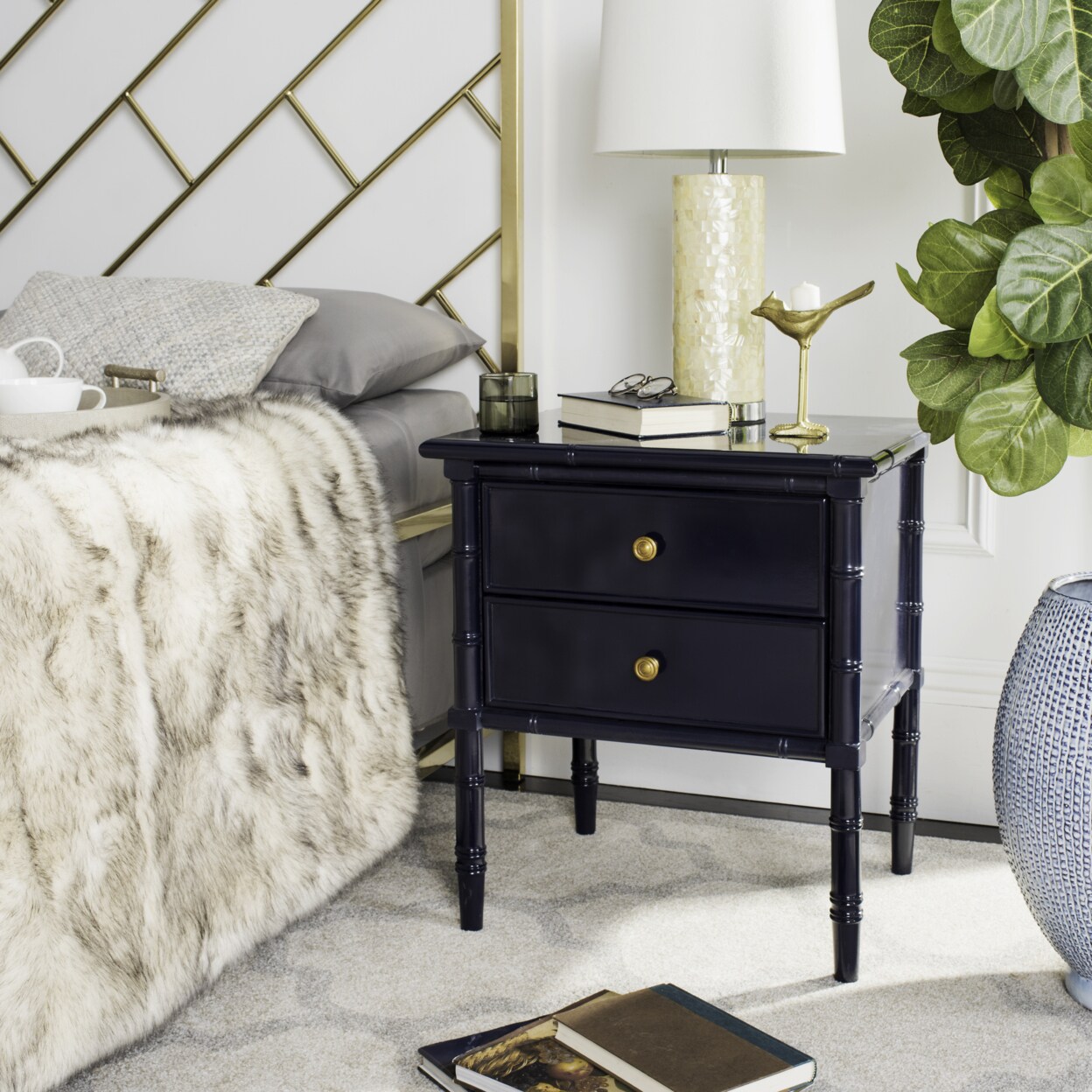 Safavieh   Mina Modern Coastal 2-Drawer 25&#x22; H Bamboo Nightstand Navy