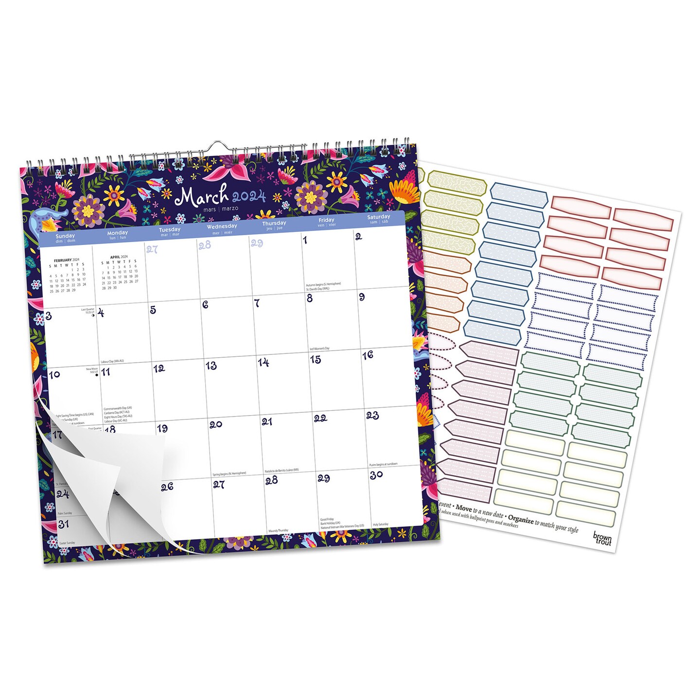 Floral Splendor | 2024 12 x 12 Inch 18 Months Monthly Square Wire-O Calendar | Sticker Sheet | July 2023 - December 2024 | StarGifts | Stationery Planning