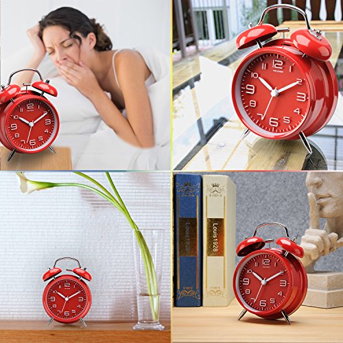 Peakeep 4 Inches Twin Bell Loud Alarm Clock for Heavy Sleerpers, Backlight, Battery Operated Old Fashioned Alarm Clock for Bedrooms (Red)