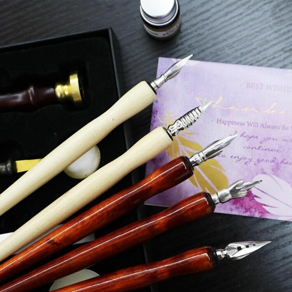 Stainless Steel Pen Nibs with Wood Holder 5 pcs