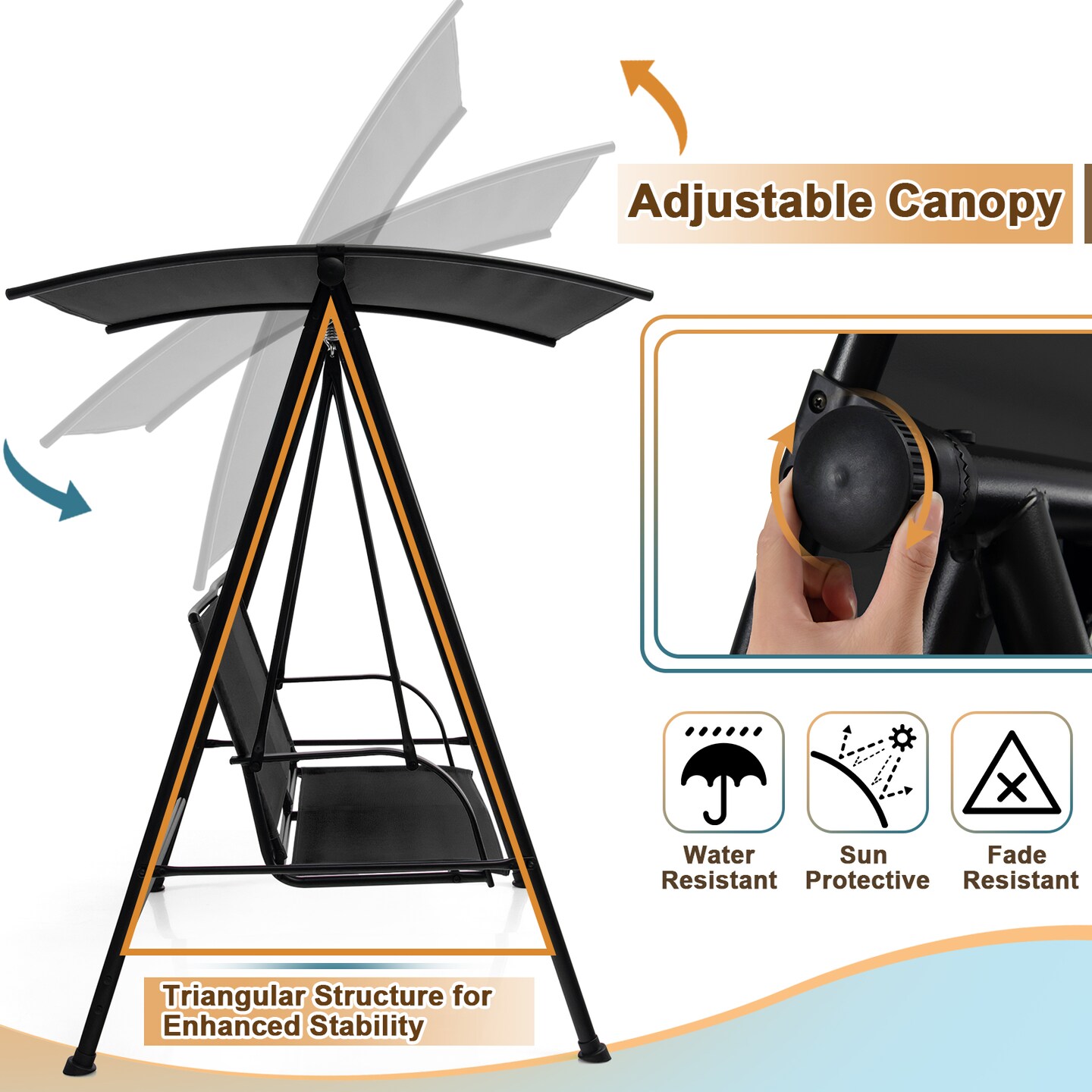 Costway 2-Seat Patio Swing Porch Swing with Adjustable Canopy for Garden Black/Dark Brown