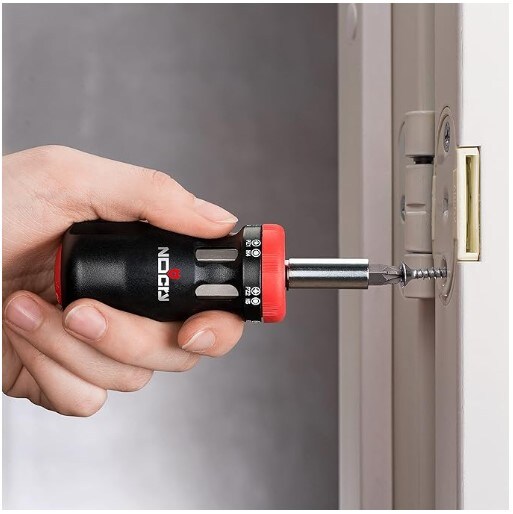 Stubby Ratcheting Screwdriver Kit includes a 12-in-1 Mini Bit Set with Flathead, Hex, Torx, and Pozidriv Tips.