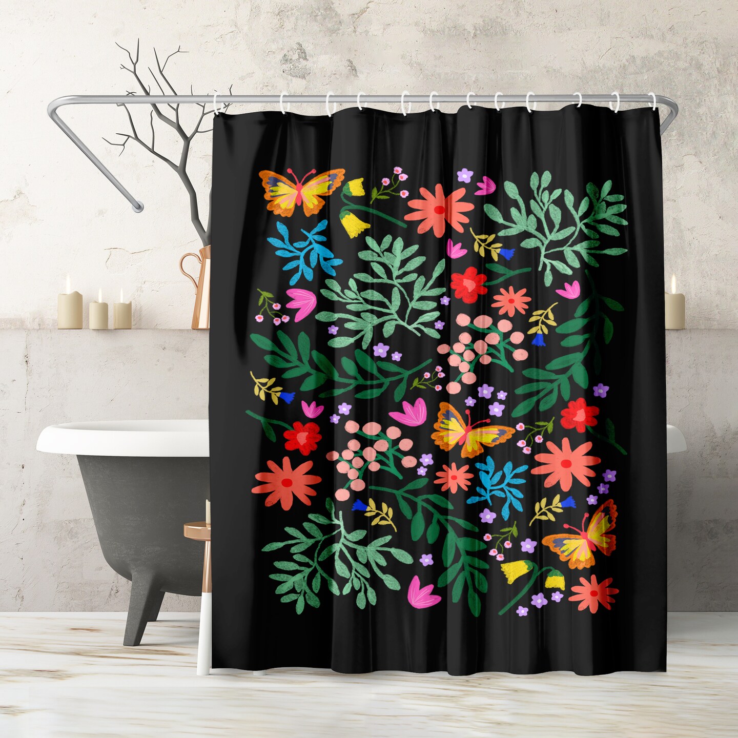 Flowers In My Garden Black by Studio Grand-P&#xE8;re Shower Curtain 71&#x22; x 74&#x22;