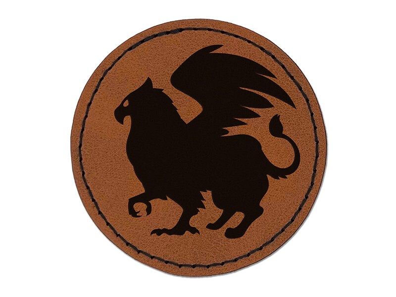 Regal Griffin Fantasy Silhouette Round Iron-On Engraved Faux Leather Patch Applique - 2.5&#x22;