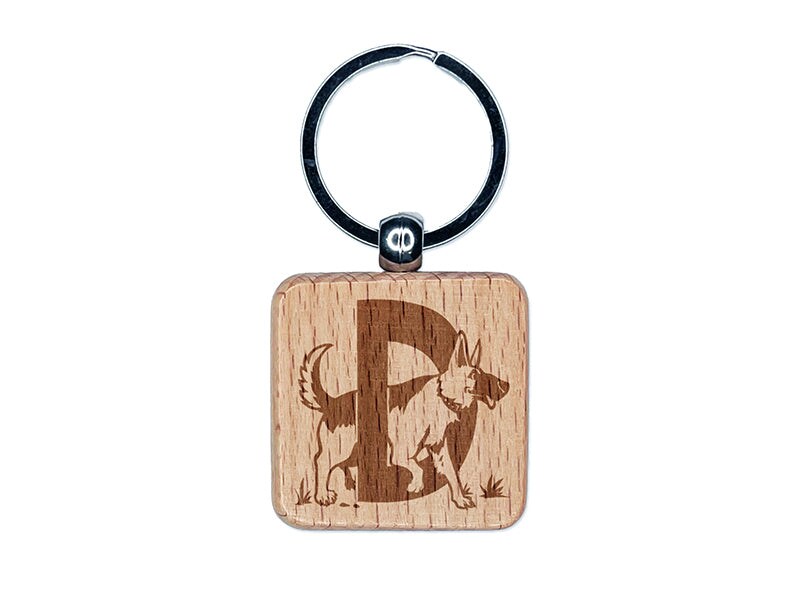 Animal Alphabet Letter D for Dog Engraved Wood Square Keychain Tag Charm