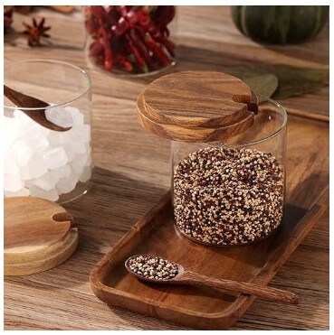 3 Pack Clear Glass Seasoning Jar with Wooden Lid and Spoon, Adorable Sugar Bowl Bath Salt Storage Container, Kitchen Pepper