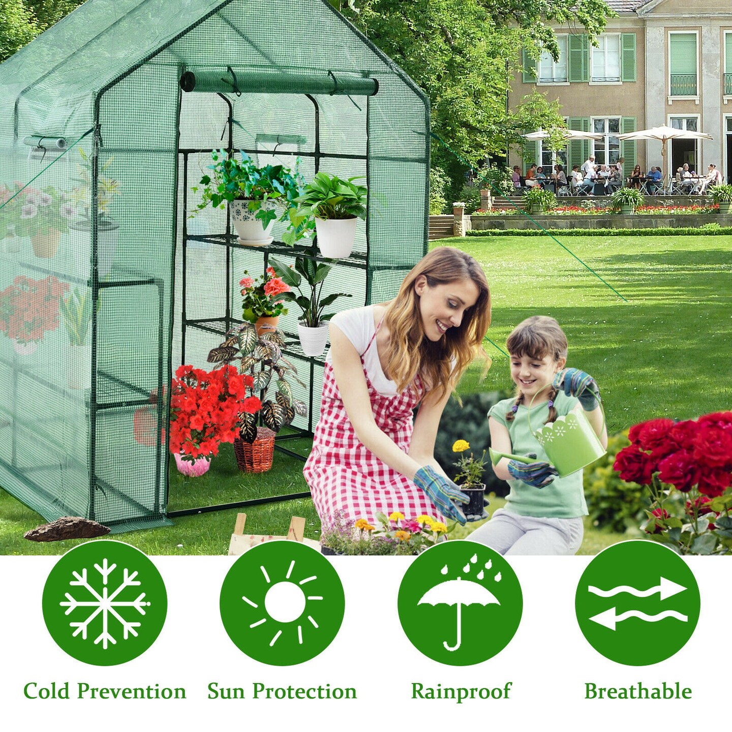 Walk-in Gardening Greenhouse with Observation Windows and Zipper Roll-up Door